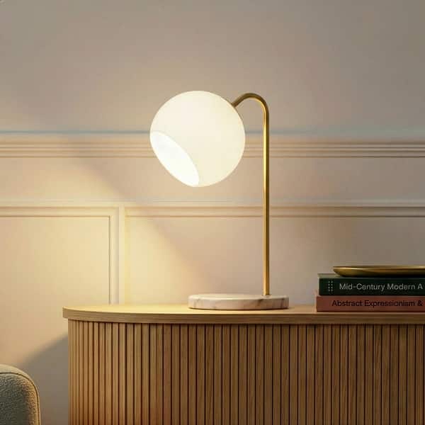 slide 2 of 12, Brightech Krystal 14.5 in. Antique Brass Modern LED Arc Desk Lamp with White Glass Globe Shade