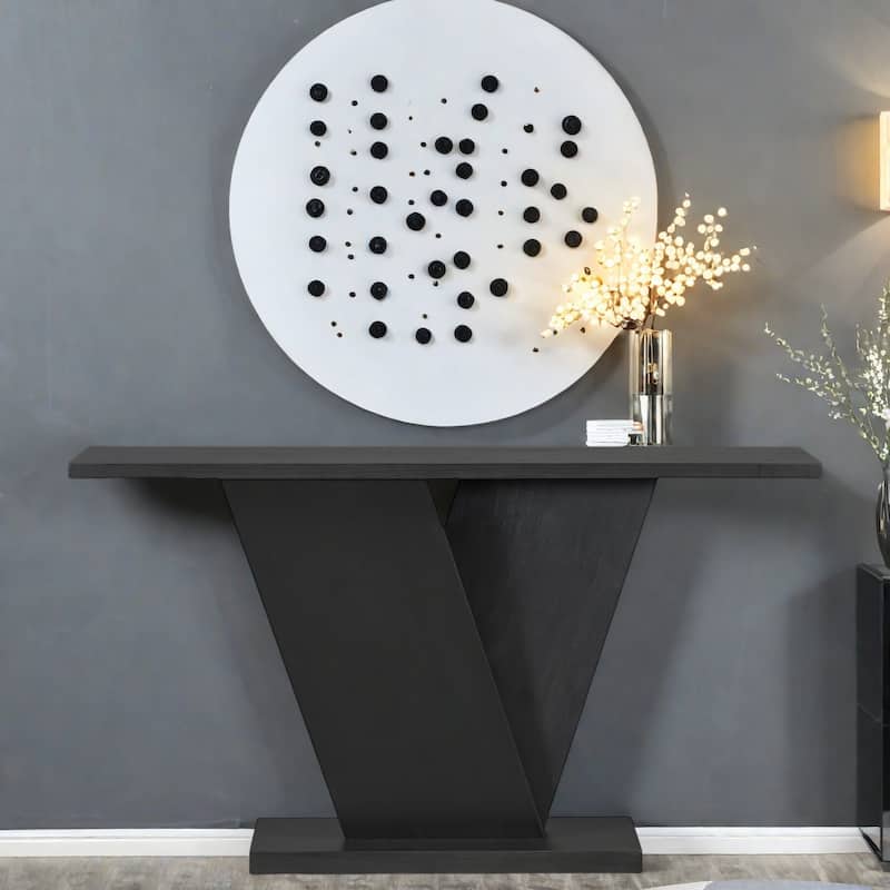 59.8" MDF Console Table With Natural Wood Veneer with V-Shaped Base for Living Room - Black
