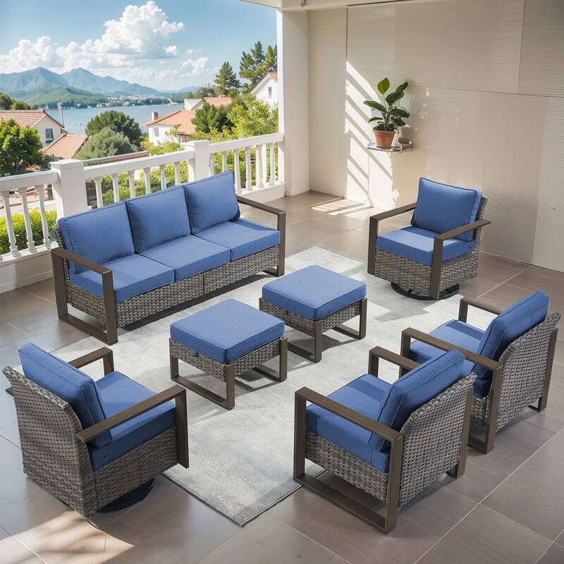 High Back Outdoor Furniture with Thick Cushion - Grey Wicker Blue Cushion - 7PCS Sofa Chair with Ottoman