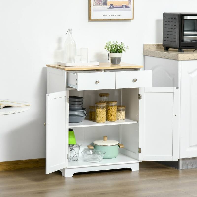 White Wood Storage Cabinet with 2 Large Drawers and Adjustable Shelves for Kitchen or Bathroom - 26.75" L x 15.75" W x 33.5" H