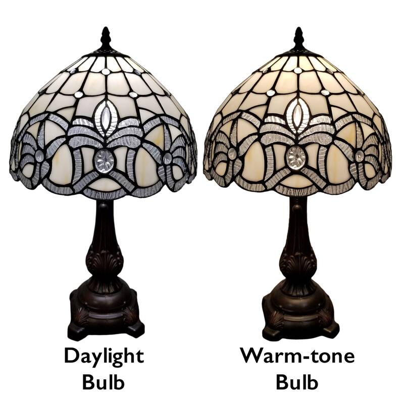 Tiffany Style Table Lamp 19" Tall Stained Glass White Floral Decor Nightstand Bedroom Handmade Gift Amora Lighting