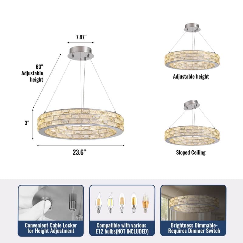 23.6 in. Modern Chrome Crystal Chandelier Luxury Pendant Light Adjustable Height for Dining Room