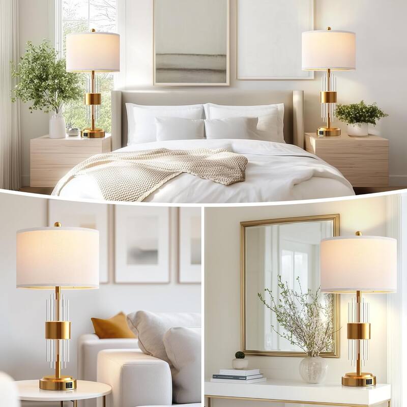 Bedside Table Golden Lamp For Living Room With USB Ports, Set Of 2 With Touch Control (2700K LED Bulb Included)