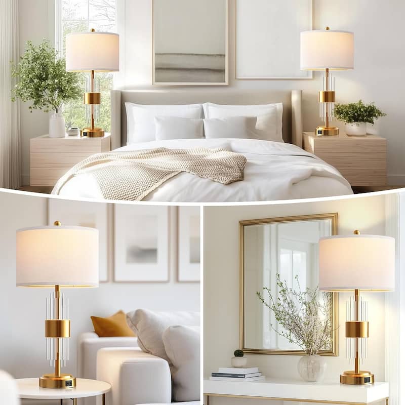 Bedside Table Golden Lamp With USB Ports,Set Of 2 With Touch Control,Nightstand Drum Lamp Shade