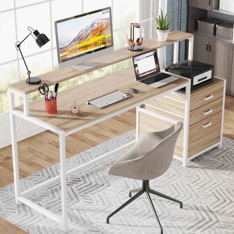 63 Inch Computer Desk with File Drawers, Ergonomic Office Desks with Monitor Stand