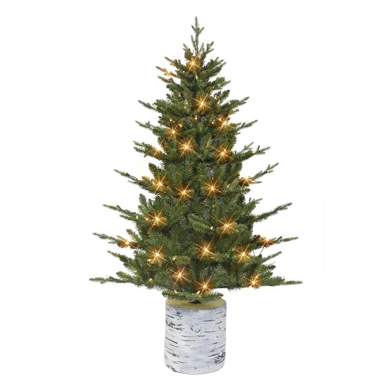 4.5' Potted Green Pine Medium Artificial Christmas Tree, Clear Lights - 4.5 Foot