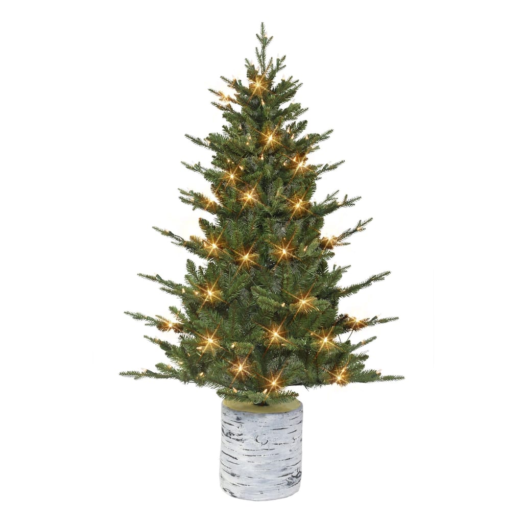4.5' Potted Green Pine Medium Artificial Christmas Tree, Clear Lights - 4.5 Foot