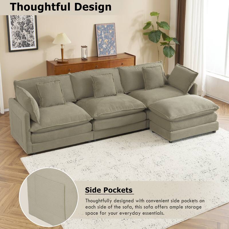 Roomfitters Spacious Modular Corduroy L-Shape Sectional Sofa with Side Storage Pockets for Living Room Convenience