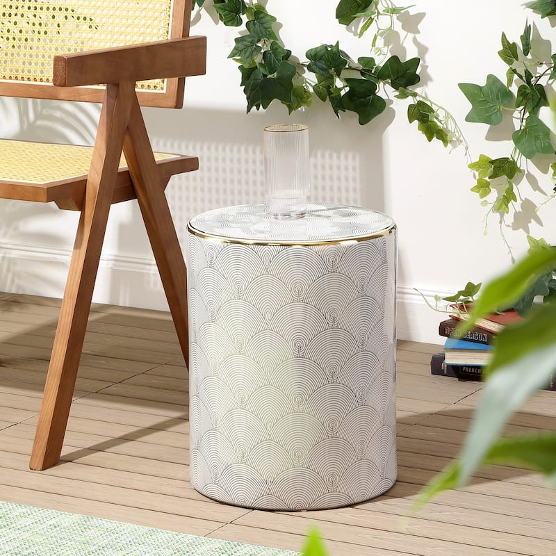 Fish Scale 17" Modern Ceramic Garden Stool, White/Gold by JONATHAN Y