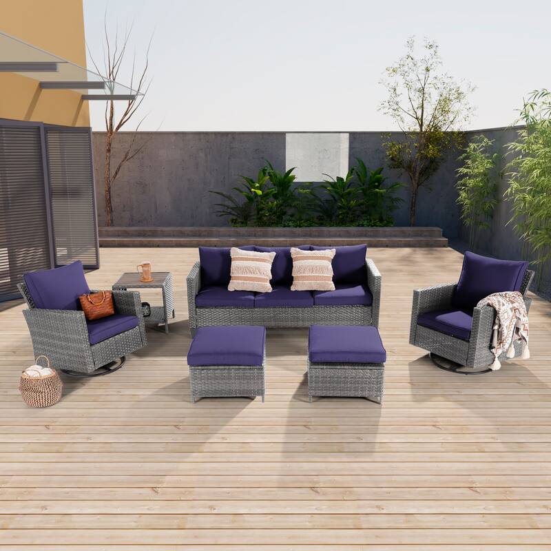 LIVOOSUN Patio 6Pcs Furniture Conversation Gray Rattan Swivel Rocking Sofa Set - Navy Blue