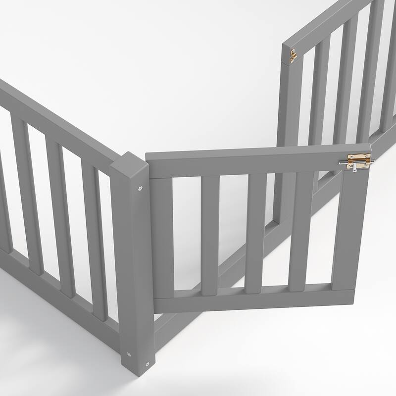 Montessori Floor Bed with Safety Guardrails & Door, Kids Low Profile Frame, Available in Queen/Full/Twin