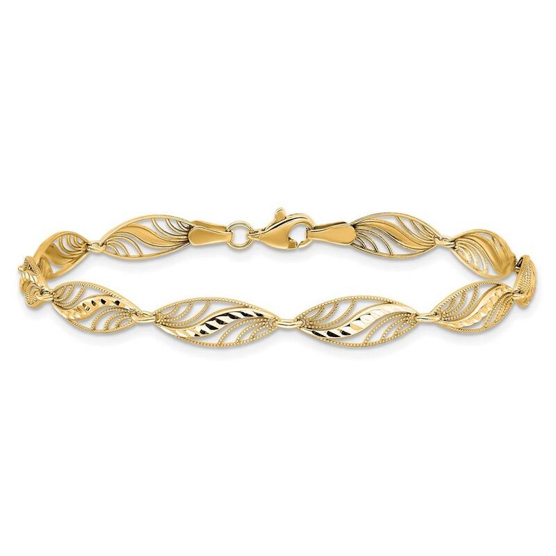 Curata 10k Yellow Gold 7.25" Filigree Diamond-cut Wave Links Bracelet