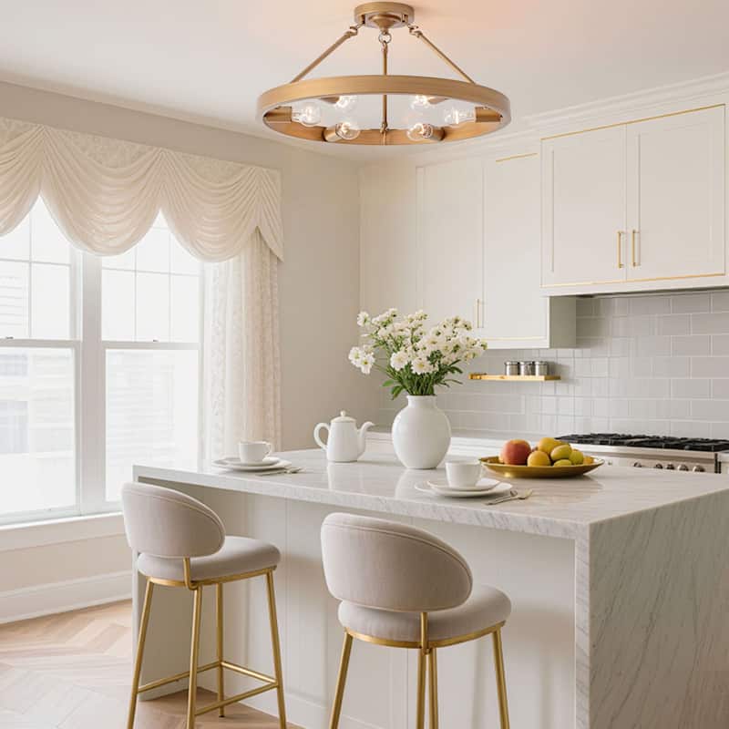 Abigail Wagon Wheel 6-Light Metal Round Rustic Semi-Flush Mount - Brushed Brass