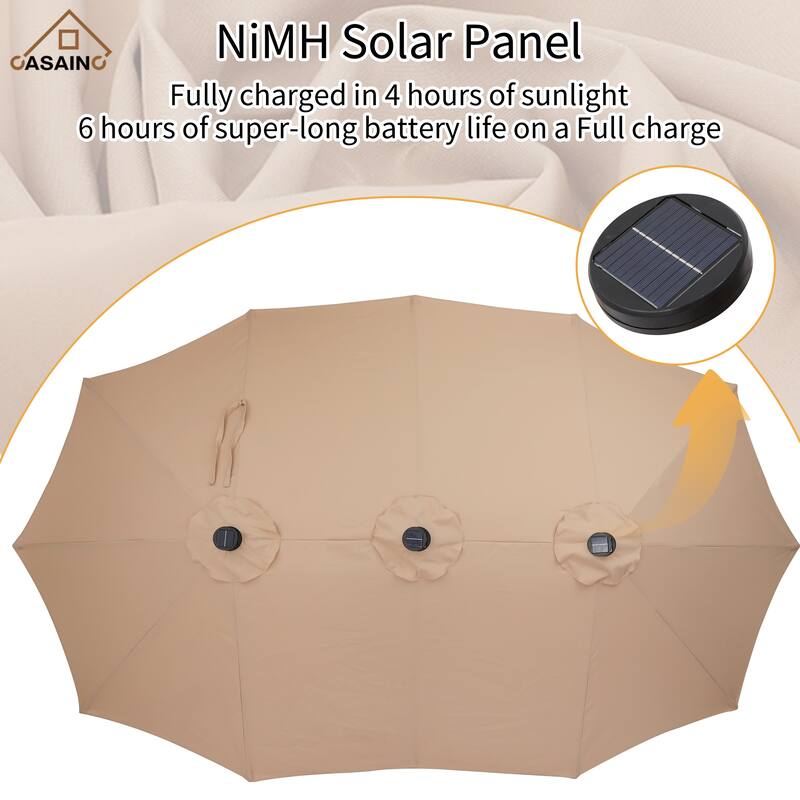 15 ft. Crank Double-sided Solar LED Ultra Lighted Outdoor Market Umbrella with Base Included