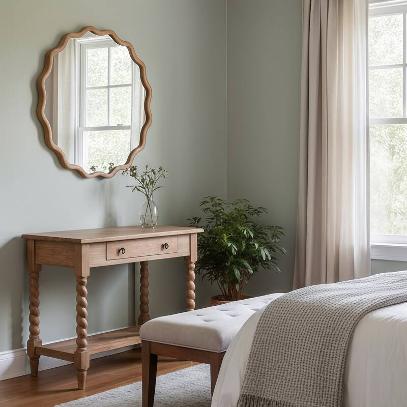 Natural Wood Wavy Round Solid Wood Decorative Mirror - Bedroom, Bathroom, Living Room - Natural Wood