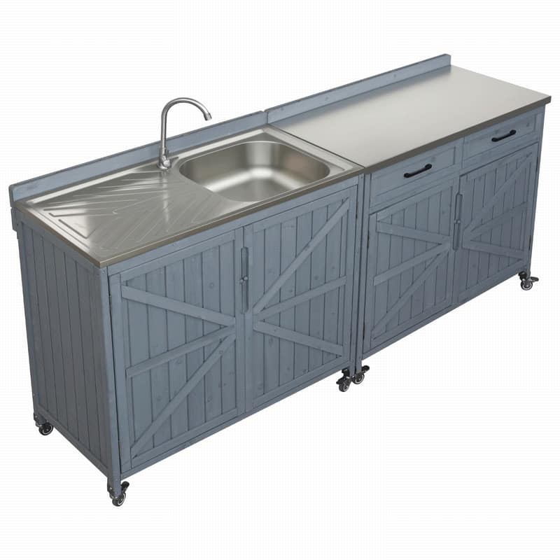 2-Piece Outdoor Kitchen Island Set with Stainless Steel Top and Sink, Drawer and Cabinets for Outdoor Storage w/ Wheels