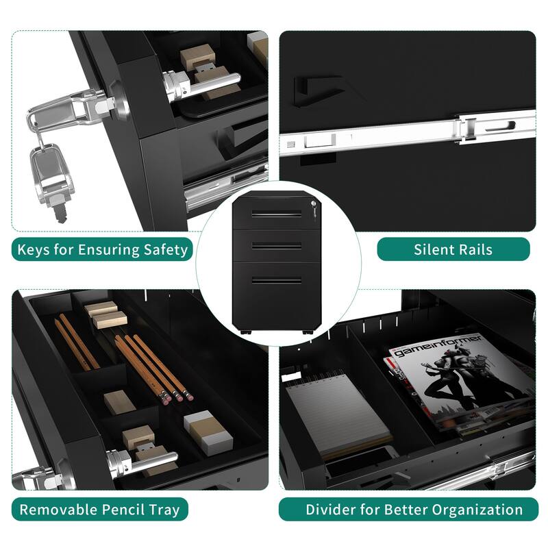 Modern Polygon 3-Drawer Wheeled Steel File Cabinet