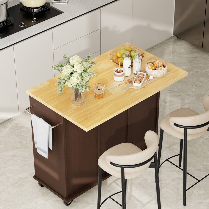 Rolling Kitchen Island Cart with Open Shelf & Drop Countertop - N/A