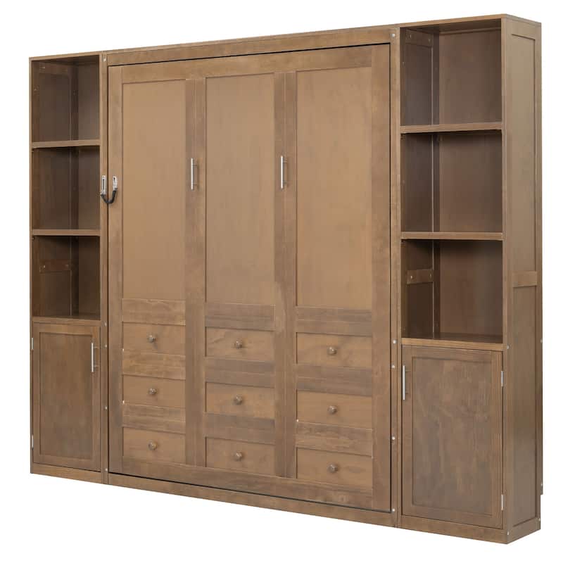 Queen Murphy Bed Wall Bed with Open Shelves and Enclosed Cabinets on Sides Multifunctional Space-Saving Solution for GUest Room