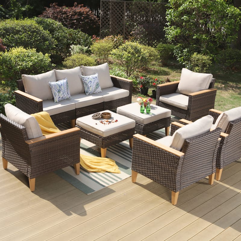 9-Piece Outdoor Wicker Sectional Sofa Patio Furniture Luxury Conversation Set, Beige Cushion