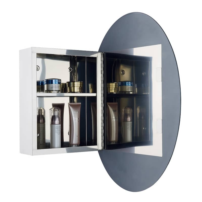 Oval Medicine Cabinet Wall Mounted Brushed Stainless Steel with Mirror 26" x 18" Double Shelf - Polished - Silver
