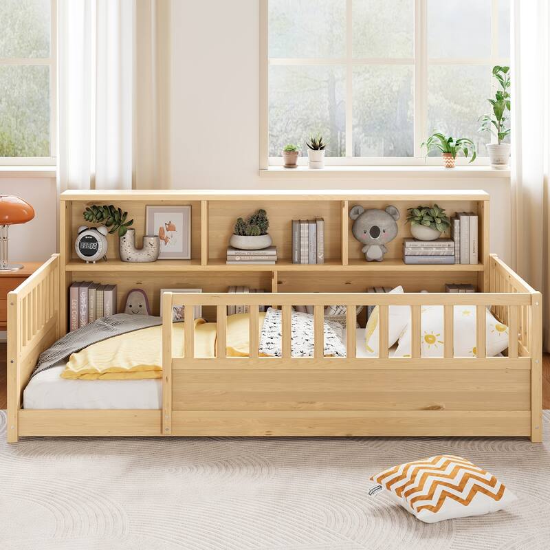 Wooden Floor Bed Frame with Fence Guardrail & Side Storage, Low Profile Kids Bed (Full/Twin)