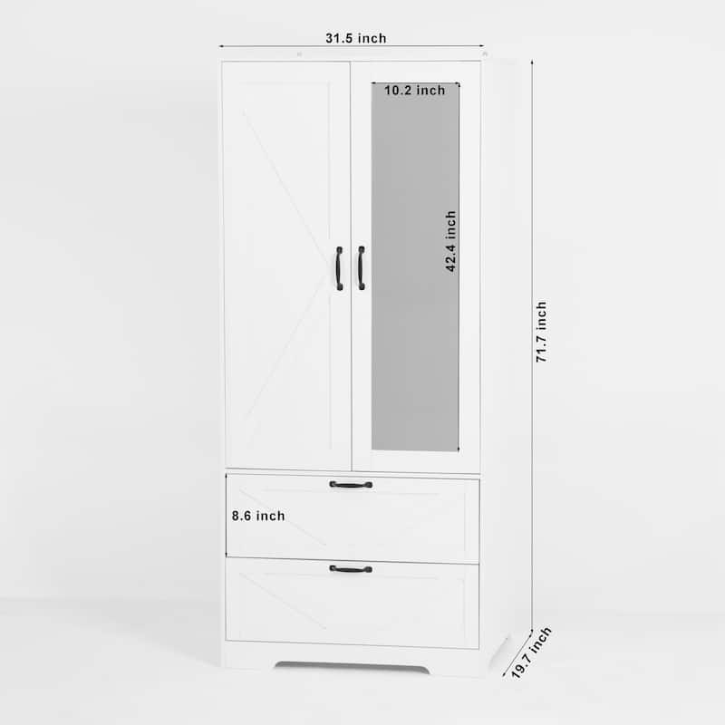2 Door Wood Wardrobe with Hanging Clothing Rod inside the Cabinet and 2 Drawers, Multifunctional Closet with Mirror