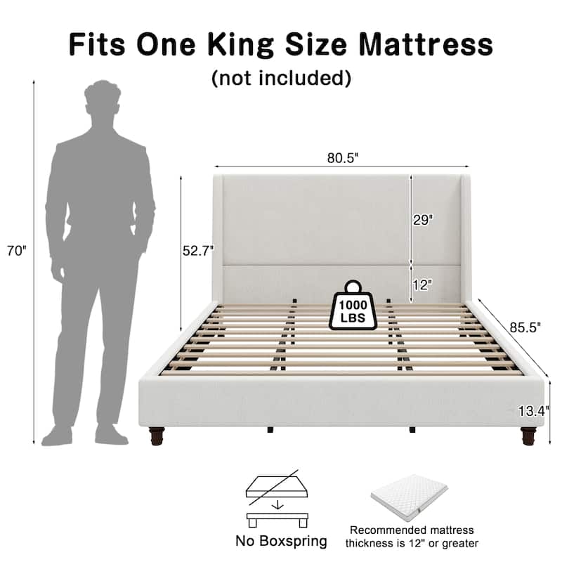 Christopher Knight Home - Modern 52.7" Tall Wingback Boucle Upholstered Platform Bed Frame with Solid Wood Legs & Slat Support