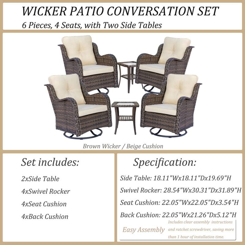 6-piece Wicker Outdoor Patio Furniture Set with Swivel Rocker Chairs