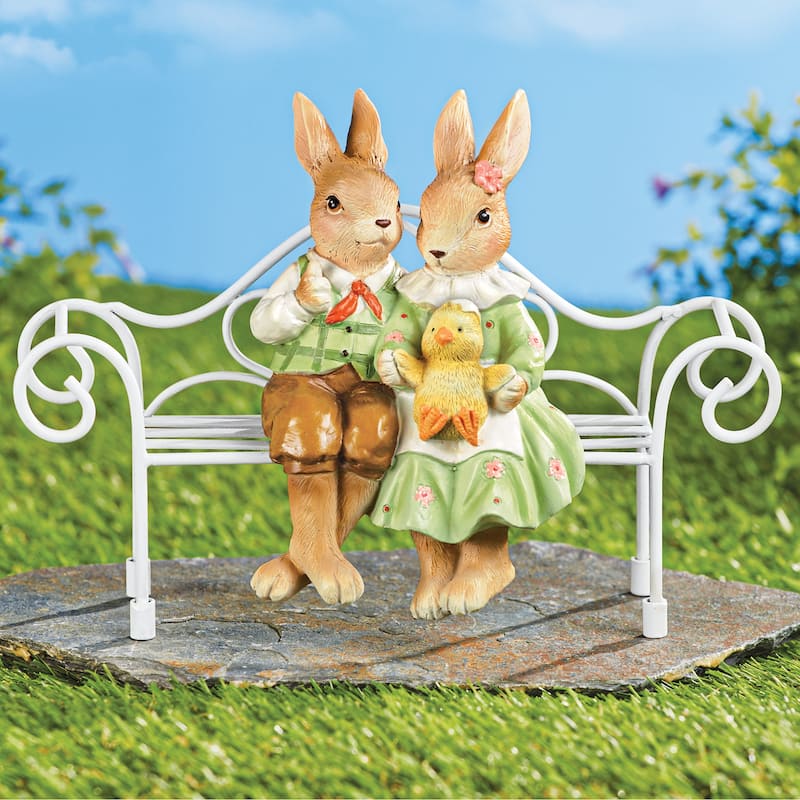 Hand-Painted Bunnies on a Bench Decoration - 9.5 x 6.87 x 3.87 - Brown - 9.5 x 6.87 x 3.87