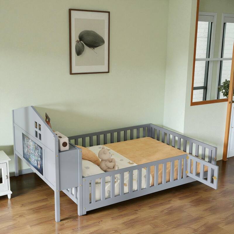 Full Size Montessori Floor Bed with Guard Rails, Bookcase Headboard & Blackboard, Solid Wood Platform Bed for Kids