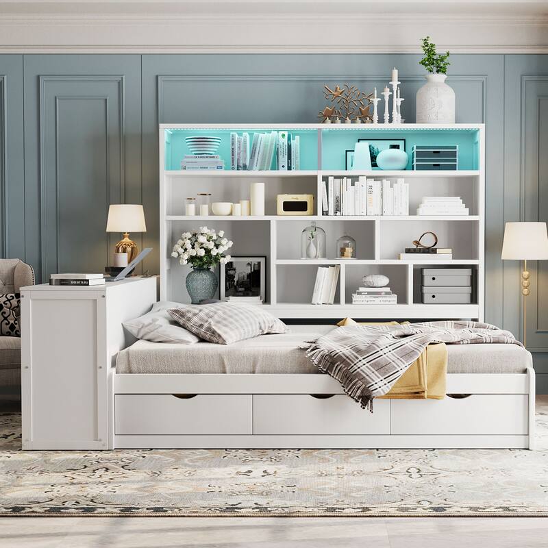 Modern Storage Bed Frame with 3 Drawers, All-in-One Bookshelf, Desk, Full Size Daybed with Wood Slats Support for Bedroom