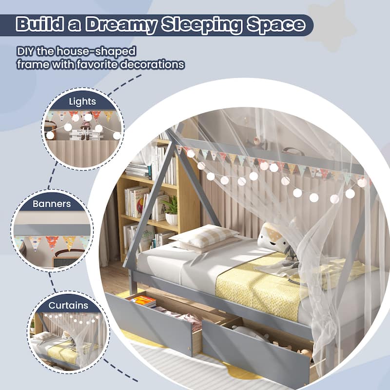Kids Twin Size Wooden House-Shaped Platform Bed with Storage Drawers for Boys and Girls