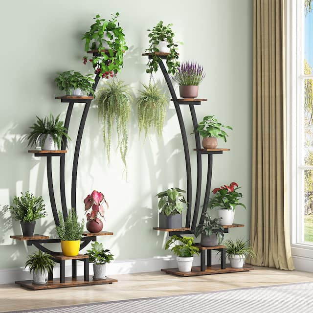 Indoor Plant Stand Pack of 2, 6-Tier Flower Rack for Home Garden - Brown