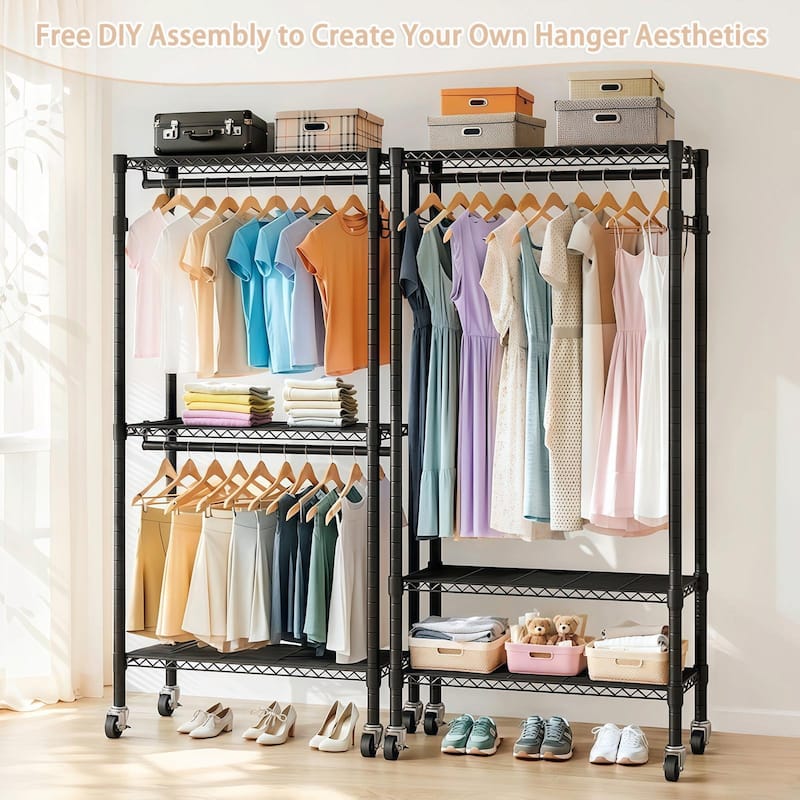 3 Tiers Adjustable Wire Shelving Clothes Rack with 2 Clothes Rails and Side Hooks
