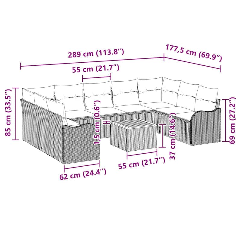 vidaXL 10 Piece Garden Sofa Set with Cushions Black Poly Rattan Acacia - 113.8 x 69.9 x 27.2