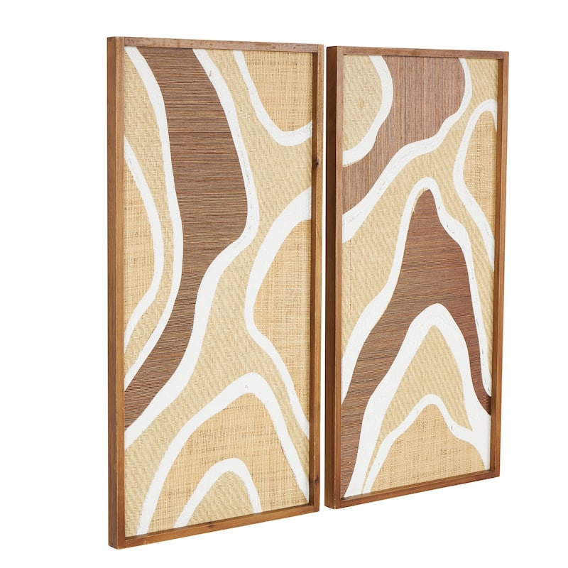 Brown Wood Textured Wavy Abstract Home Wall Decor with White and Tan Accents (Set of 2)
