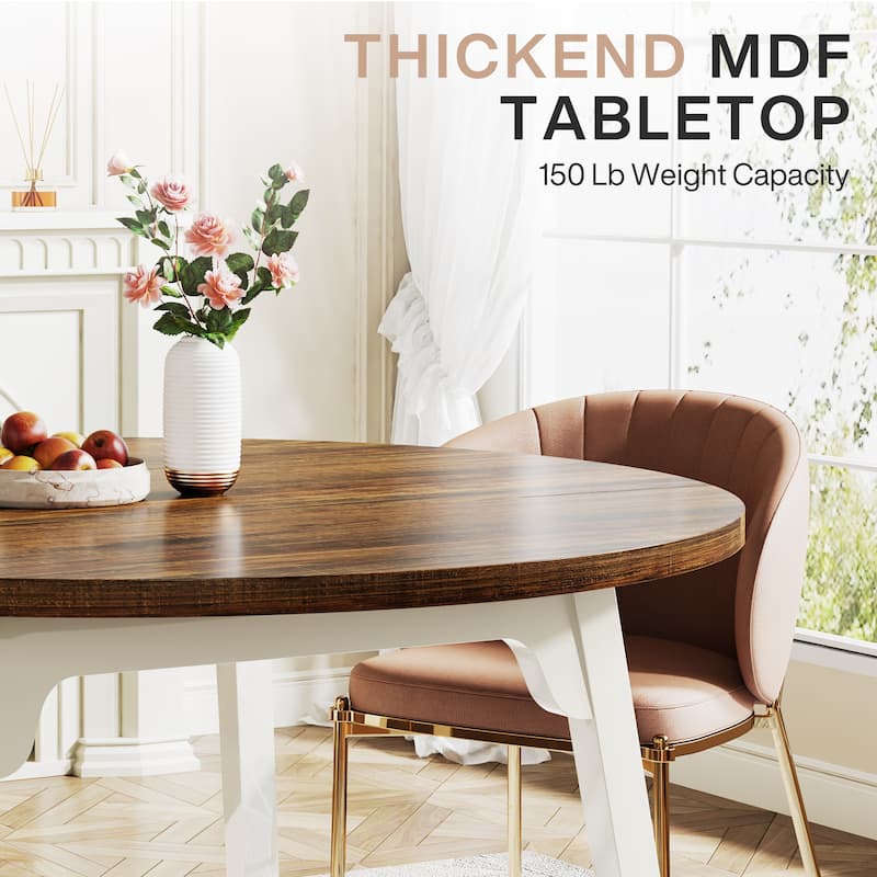 47 Inch Round Dining Table for 4, Farmhouse Kitchen Table - Brown and White