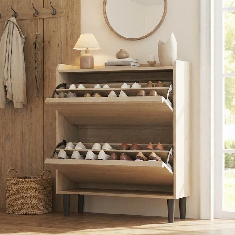 Narrow Shoe Cabinet Organizer with 2 Flip Drawers for Entryway, Hallway, Living Room - Khaki