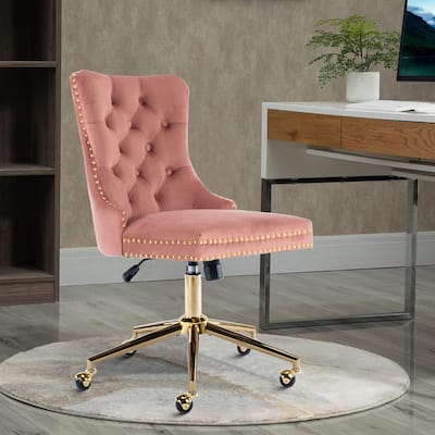 Elegant Luxurious Velvet Upholstered Office Chair with Wooden Frame and Gold Metal Base