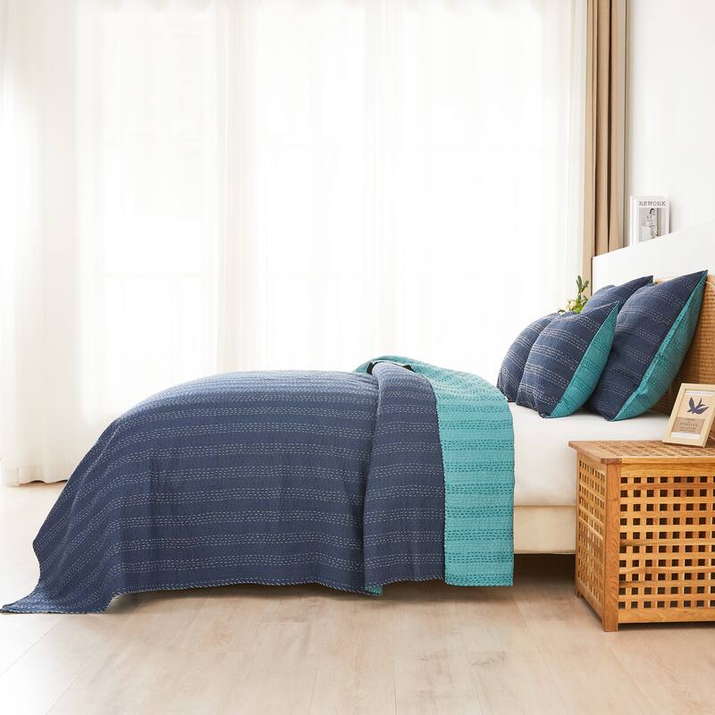 Melange Hand Stitched Kantha Reversible Navy/Turquoise Coverlets and Shams