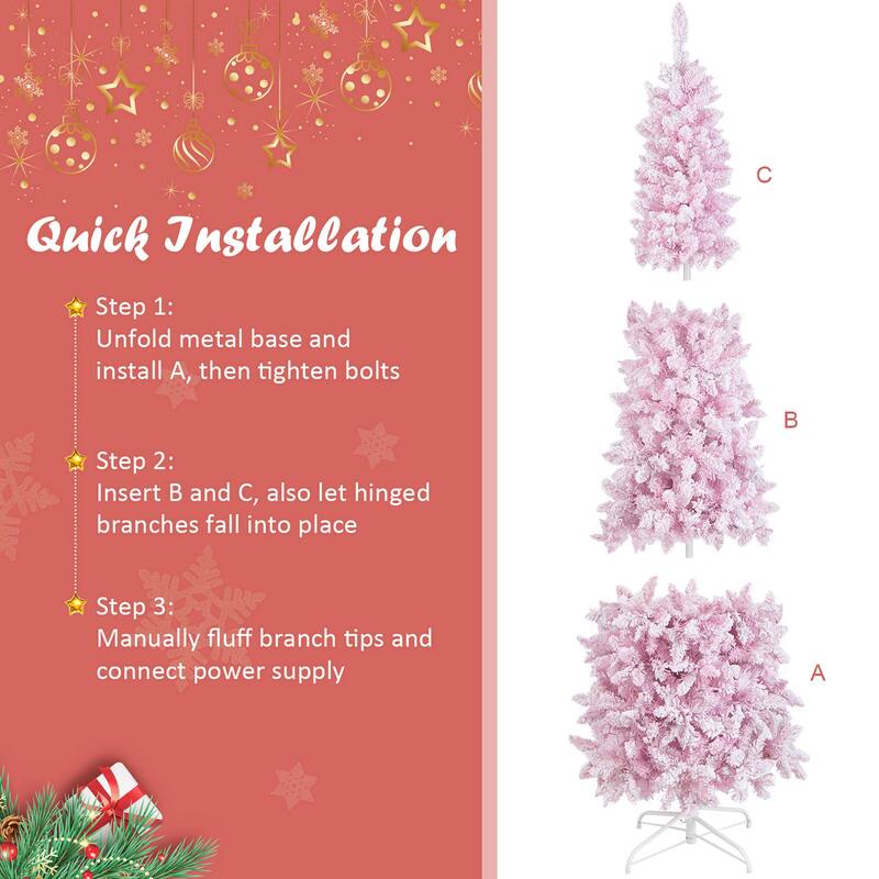 Gymax 7FT Pre-Lit Flocked Christmas Pencil Snow Tree Holiday Decor