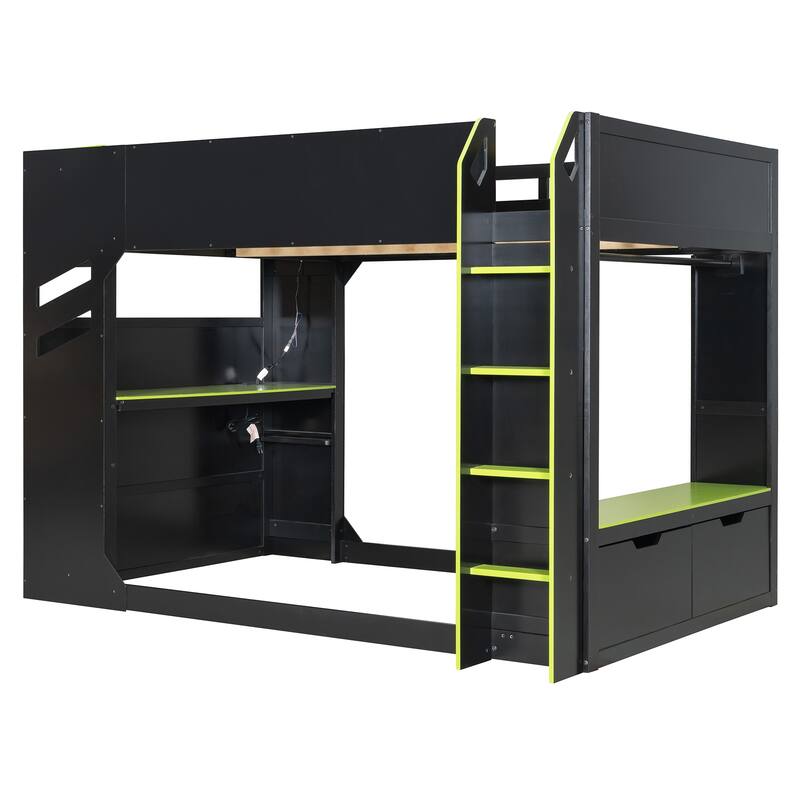 Full Size Wood Loft Bed with Height-adjustable Desk, Drawers,Storage Compartments, Hanging Rod and RGB Lights