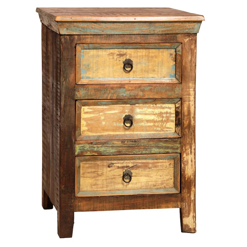 Journee Distressed Painted Reclaimed Hardwood 3-Drawer Storage Night Stand - Medium Brown