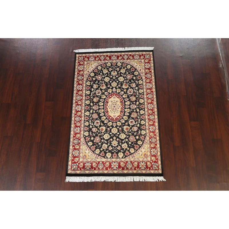 Wool/ Silk Floral Vegetable Dye Tabriz Oriental Area Rug Hand-knotted - 4'0" x 6'3"