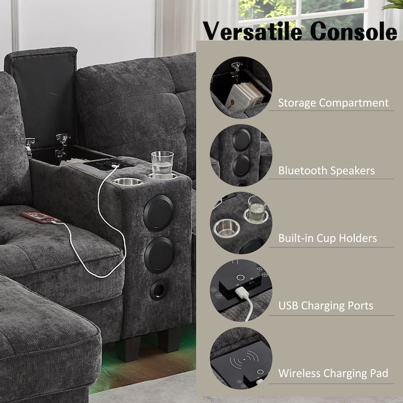 Modular U-shaped Sectional Sofa Couch with Movable Storage Ottomans, Multifunctional Console, Bluetooth Speakers and LED Lights