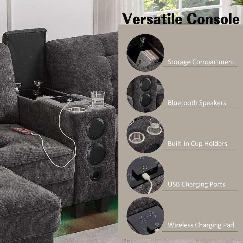 Roomfitters 126 Inch U-Shaped Modular Sectional Sofa with Storage Ottomans and Bluetooth Console