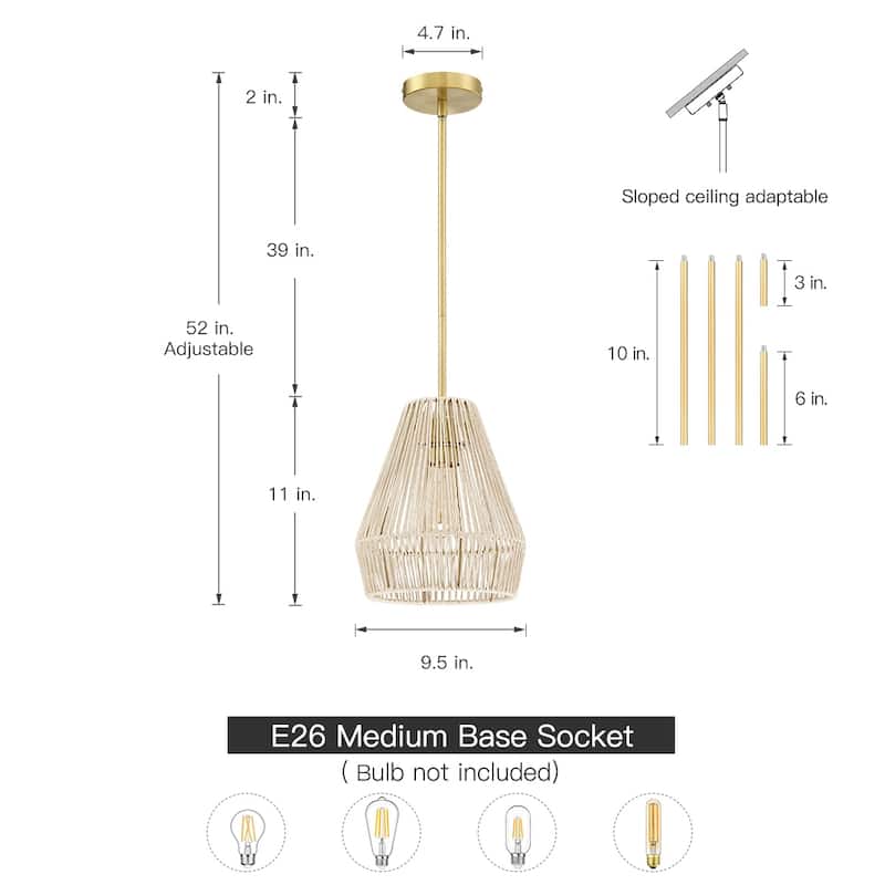 1-Light Rattan Single Pendant Light with Brass Canopy - 9.5'' W