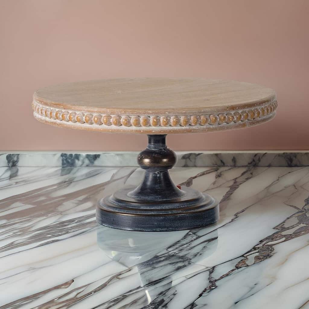 Marrie 14 Inch Round Decorative Tray, Black Iron Padestal Base, Wood Top