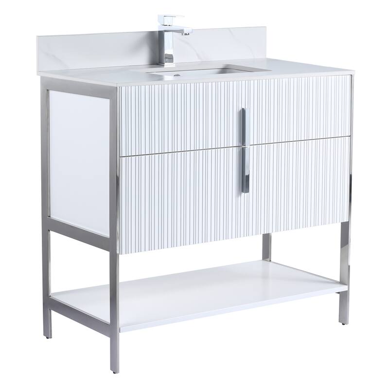 Fine Fixtures Serenity Modern Bathroom Vanity with White Carrara Stone Top - White Matte - Chrome Hardware - 36 inch
